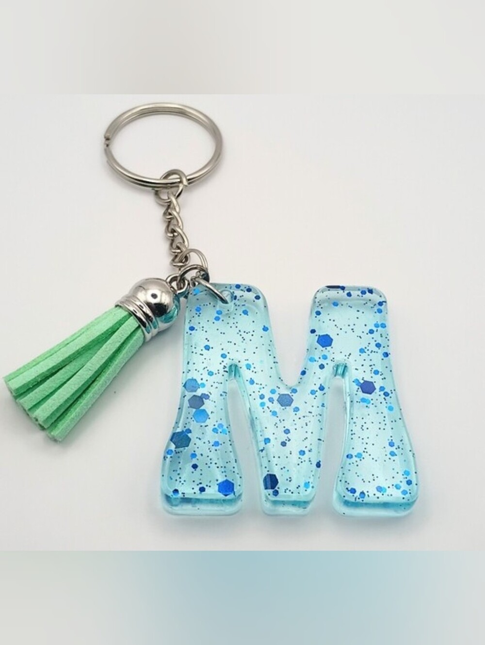 Letter M Blue Glitter Resin Keychain With Tassel